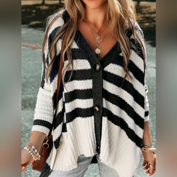Striped Textured Knit  High Low Button Up Cardigan Sweater Plus Black White - Picture 1 of 5